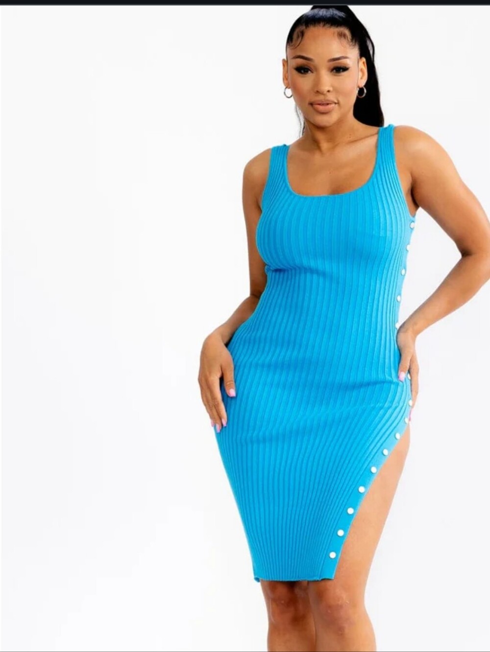Ribbed Tank Midi Dress in Bright Teal Blue
